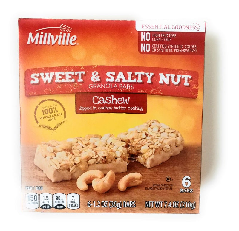 Millville Sweet & Salty Nut Granola Bars | 100% Whole Grain Oats | 7.4 oz (6 bars x 1.2 oz) | Pack of 1 (Cashew) - Image 1